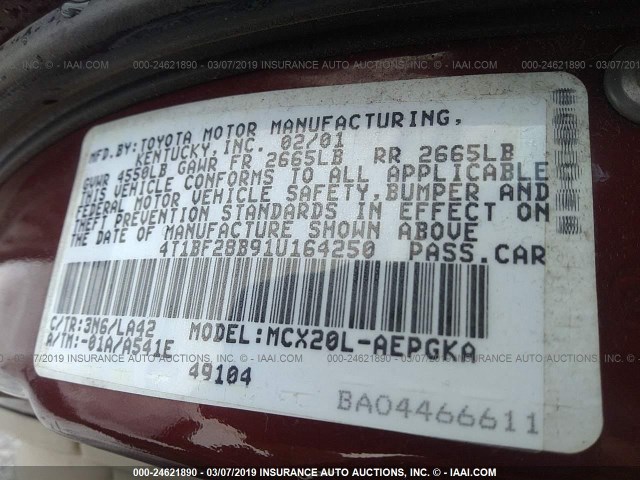 4T1BF28B91U164250 - 2001 TOYOTA AVALON XL/XLS RED photo 9