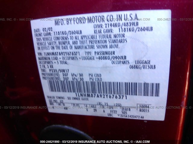 1LNHM87A92Y676371 - 2002 LINCOLN LS BURGUNDY photo 9