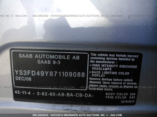 YS3FD49Y871109088 - 2007 SAAB 9-3 2.0T SILVER photo 9