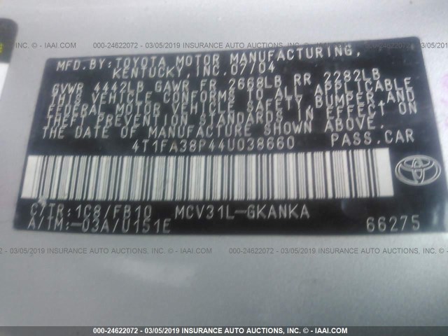 4T1FA38P44U038660 - 2004 TOYOTA CAMRY SOLARA SE/SLE SILVER photo 9