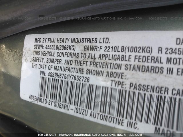 4S3BH6754Y7652726 - 2000 SUBARU LEGACY OUTBACK AWP GREEN photo 9