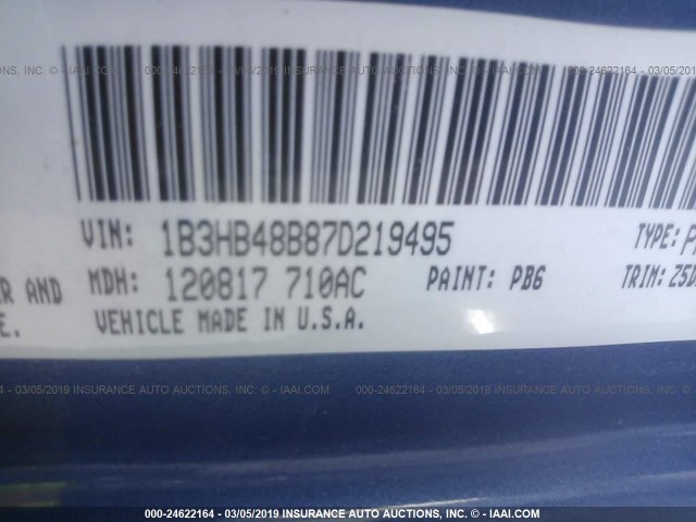 1B3HB48B87D219495 - 2007 DODGE CALIBER SXT BLUE photo 9