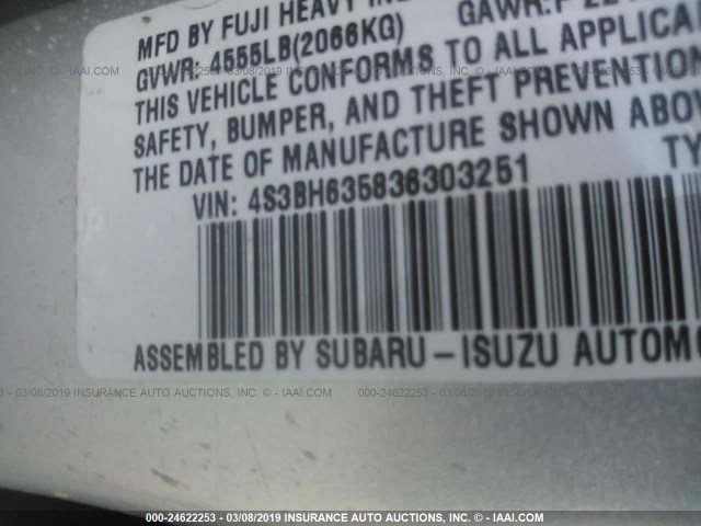 4S3BH635836303251 - 2003 SUBARU LEGACY L/L SPECIAL SILVER photo 9