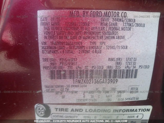 1FMZK02136GA13909 - 2006 FORD FREESTYLE SEL RED photo 9