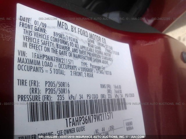 1FAHP36N79W211571 - 2009 FORD FOCUS SES RED photo 9