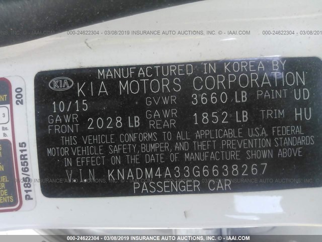 KNADM4A33G6638267 - 2016 KIA RIO LX WHITE photo 9