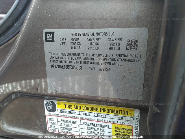 1G1ZB5E18BF325603 - 2011 CHEVROLET MALIBU LS GOLD photo 9