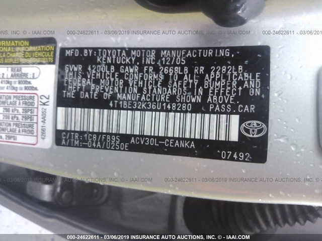 4T1BE32K36U148280 - 2006 TOYOTA CAMRY LE/XLE/SE SILVER photo 9