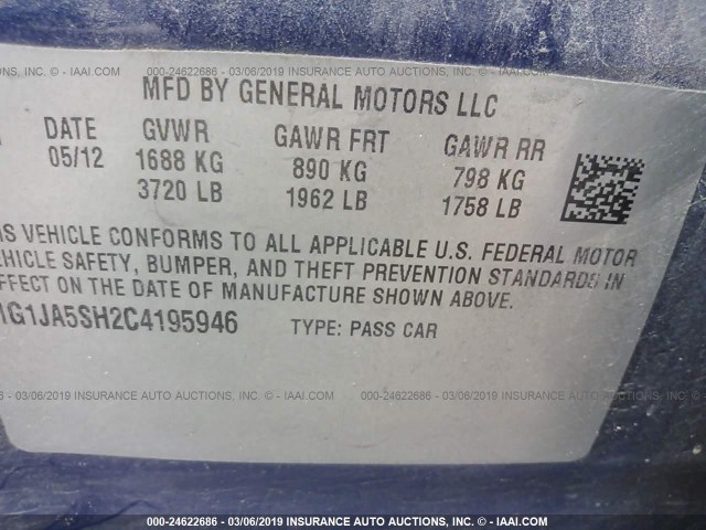 1G1JA5SH2C4195946 - 2012 CHEVROLET SONIC LS 蓝色 照片 9