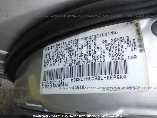 4T1BF28BXYU033113 - 2000 TOYOTA AVALON XL/XLS SILVER photo 9