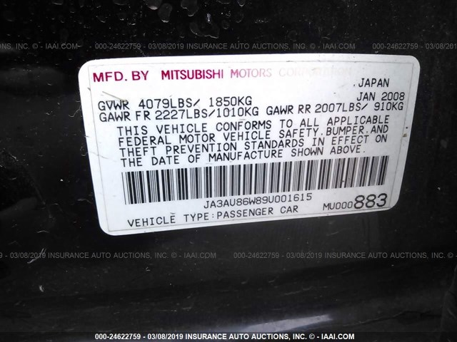 JA3AU86W89U001615 - 2009 MITSUBISHI LANCER GTS BLACK photo 9