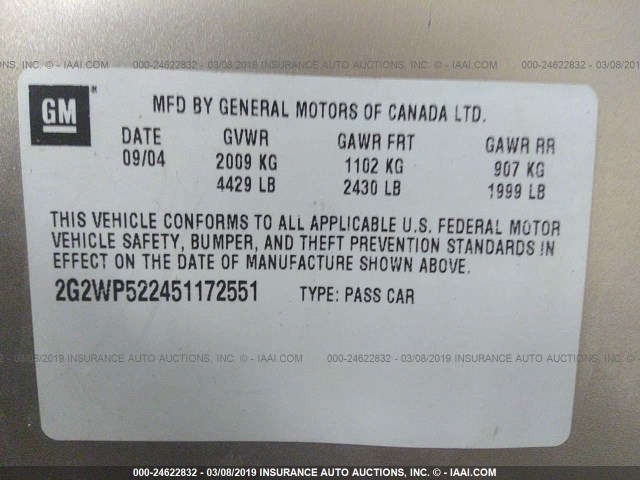 2G2WP522451172551 - 2005 PONTIAC GRAND PRIX GOLD photo 9