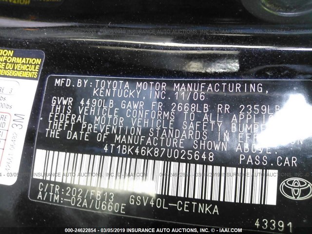 4T1BK46K87U025648 - 2007 TOYOTA CAMRY NEW GENERAT LE/XLE/SE BLACK photo 9