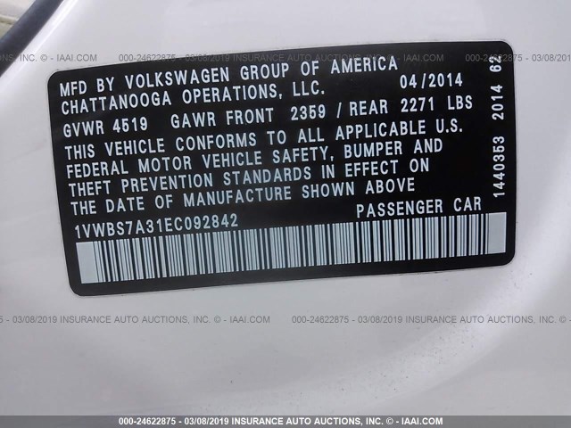 1VWBS7A31EC092842 - 2014 VOLKSWAGEN PASSAT SE WHITE photo 9