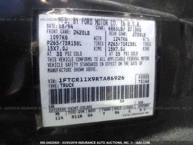 1FTCR11X9RTA86926 - 1994 FORD RANGER BLACK photo 9