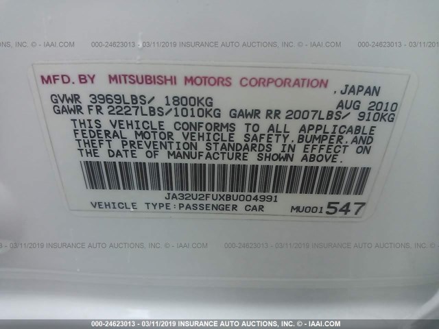 JA32U2FUXBU004991 - 2011 MITSUBISHI LANCER ES/ES SPORT WHITE photo 9