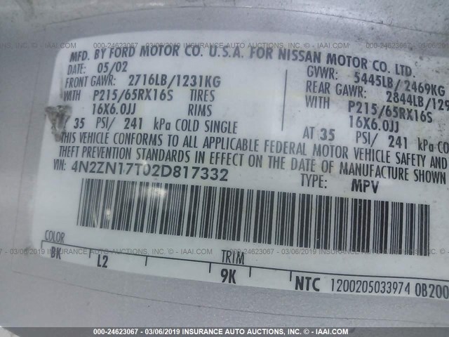 4N2ZN17T02D817332 - 2002 NISSAN QUEST GLE SILVER photo 9