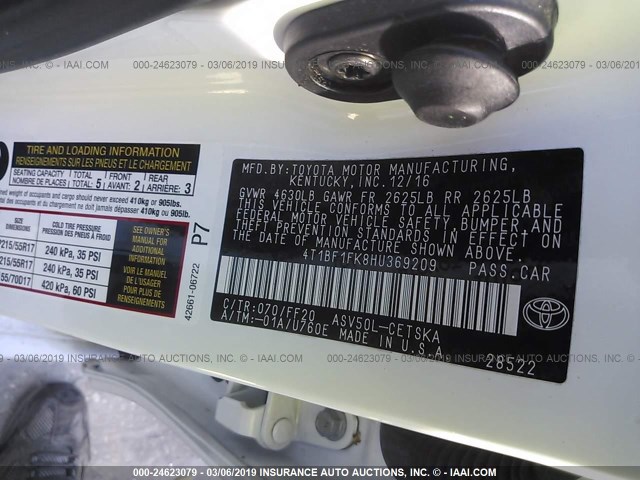 4T1BF1FK8HU369209 - 2017 TOYOTA CAMRY LE/XLE/SE/XSE თეთრი ფოტო 9