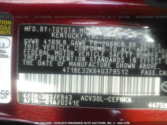 4T1BE32K64U379512 - 2004 TOYOTA CAMRY LE/XLE/SE MAROON photo 9