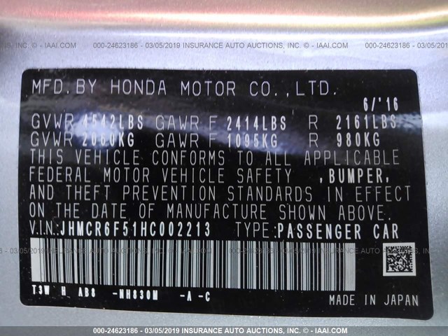 JHMCR6F51HC002213 - 2017 HONDA ACCORD HYBRID/EXL SILVER photo 9