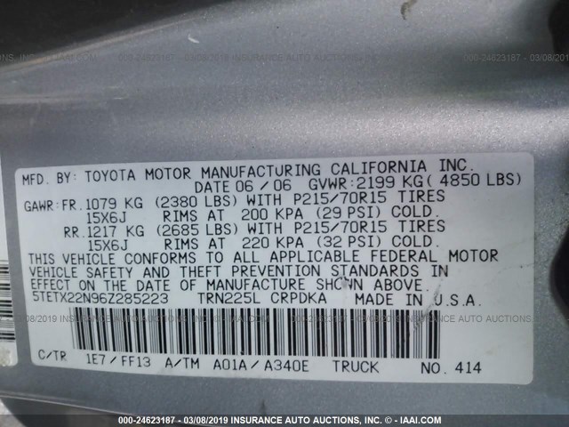 5TETX22N96Z285223 - 2006 TOYOTA TACOMA ACCESS CAB ვერცხლისფერი ფოტო 9