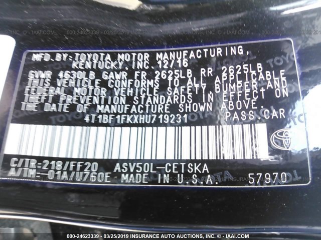 4T1BF1FKXHU719231 - 2017 TOYOTA CAMRY LE/XLE/SE/XSE შავი ფოტო 9