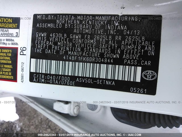 4T4BF1FK6DR304844 - 2013 TOYOTA CAMRY L/SE/LE/XLE 白色 照片 9
