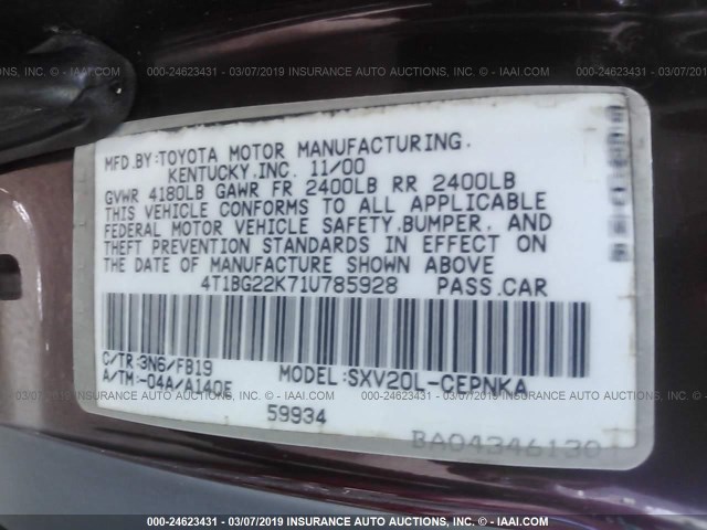 4T1BG22K71U785928 - 2001 TOYOTA CAMRY CE/LE/XLE MAROON photo 9