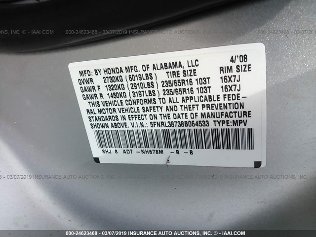 5FNRL38738B064533 - 2008 HONDA ODYSSEY EXL SILVER photo 9