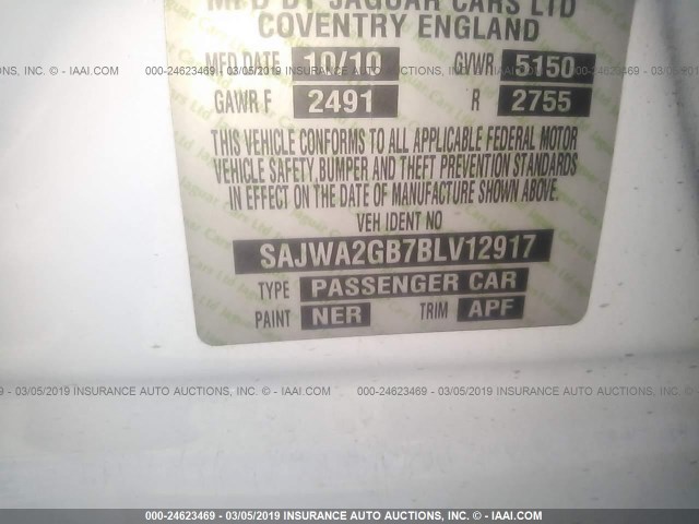 SAJWA2GB7BLV12917 - 2011 JAGUAR XJL WHITE photo 9