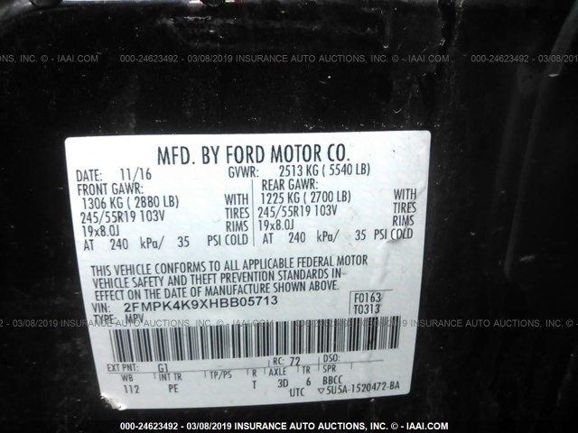 2FMPK4K9XHBB05713 - 2017 FORD EDGE TITANIUM BLACK photo 9