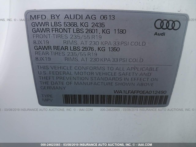 WA1LFAFP0EA012490 - 2014 AUDI Q5 PREMIUM PLUS WHITE photo 9