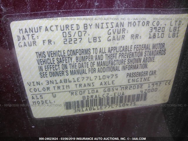 3N1AB61E77L710475 - 2007 NISSAN SENTRA 2.0/2.0S/2.0SL MAROON photo 9