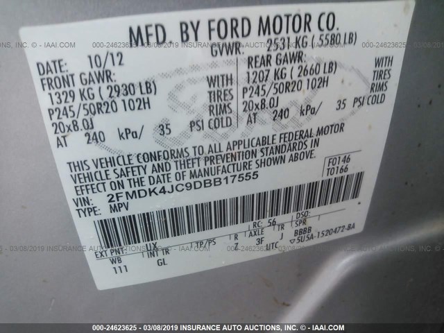 2FMDK4JC9DBB17555 - 2013 FORD EDGE SEL SILVER photo 9