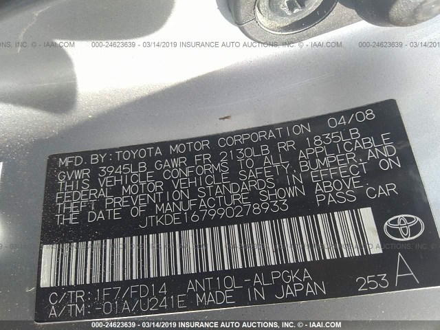 JTKDE167990278933 - 2009 TOYOTA SCION TC ვერცხლისფერი ფოტო 9