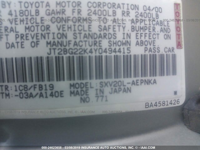 JT2BG22K4Y0494415 - 2000 TOYOTA CAMRY CE/LE/XLE SILVER photo 9