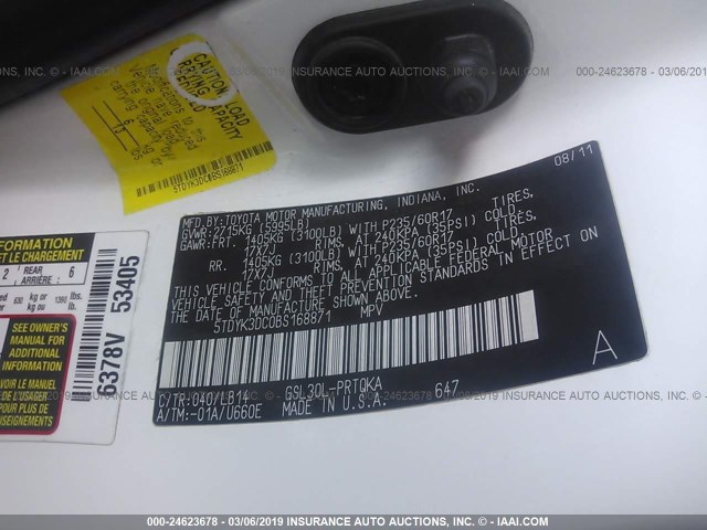 5TDYK3DC0BS168871 - 2011 TOYOTA SIENNA XLE/LIMITED WHITE photo 9