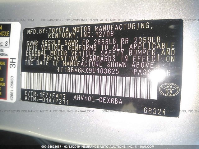 4T1BB46KX9U103625 - 2009 TOYOTA CAMRY HYBRID SILVER photo 9