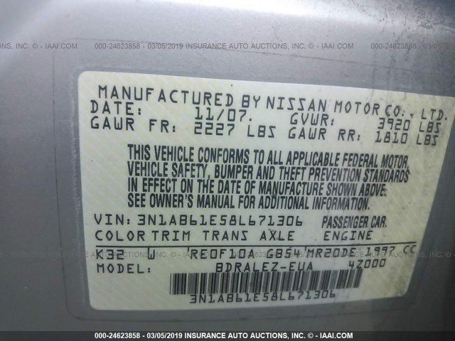 3N1AB61E58L671306 - 2008 NISSAN SENTRA 2.0/2.0S/2.0SL SILVER photo 9