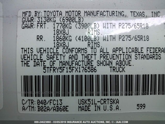 5TFRY5F15FX176586 - 2015 TOYOTA TUNDRA DOUBLE CAB SR/SR5 WHITE photo 9