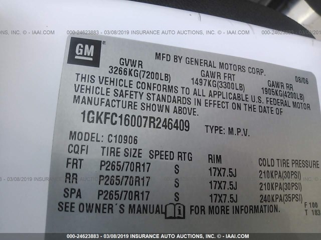 1GKFC16007R246409 - 2007 GMC YUKON XL C1500 WHITE photo 9