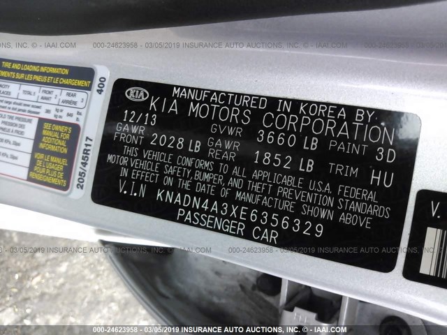 KNADN4A3XE6356329 - 2014 KIA RIO EX SILVER photo 9