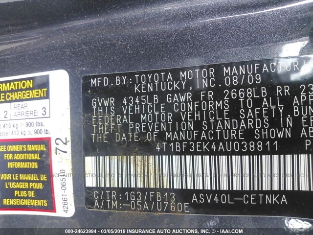 4T1BF3EK4AU038811 - 2010 TOYOTA CAMRY SE/LE/XLE 银色 照片 9