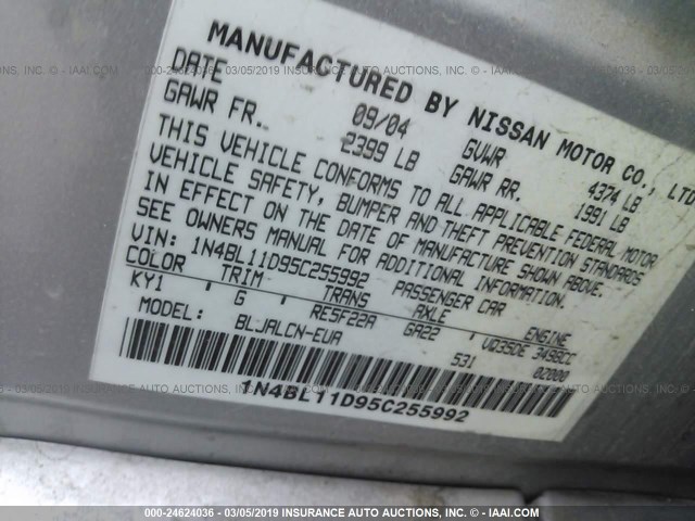 1N4BL11D95C255992 - 2005 NISSAN ALTIMA SE/SL/SE-R SILVER photo 9