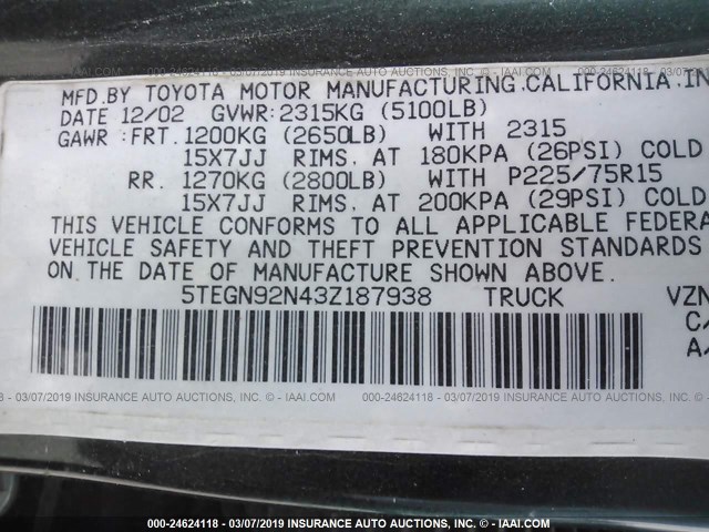 5TEGN92N43Z187938 - 2003 TOYOTA TACOMA DOUBLE CAB PRERUNNER GREEN photo 9