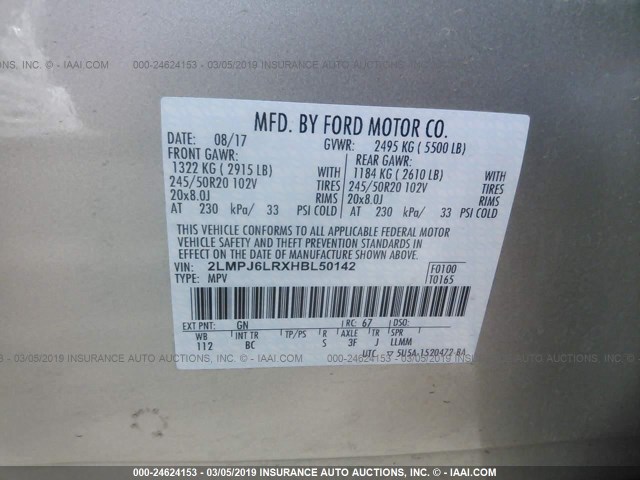 2LMPJ6LRXHBL50142 - 2017 LINCOLN MKX RESERVE Ոսկեգույն լուսանկար 9