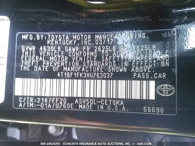 4T1BF1FK3HU763037 - 2017 TOYOTA CAMRY LE/XLE/SE/XSE 黑色 照片 9