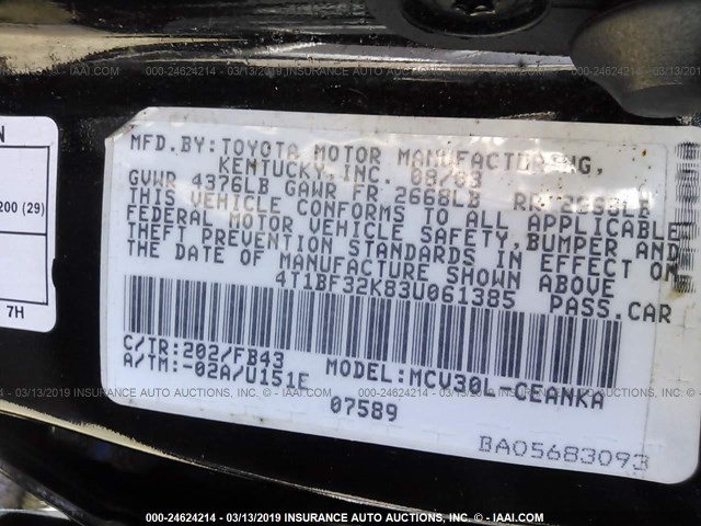 4T1BF32K83U061385 - 2003 TOYOTA CAMRY LE/XLE/SE BLACK photo 9