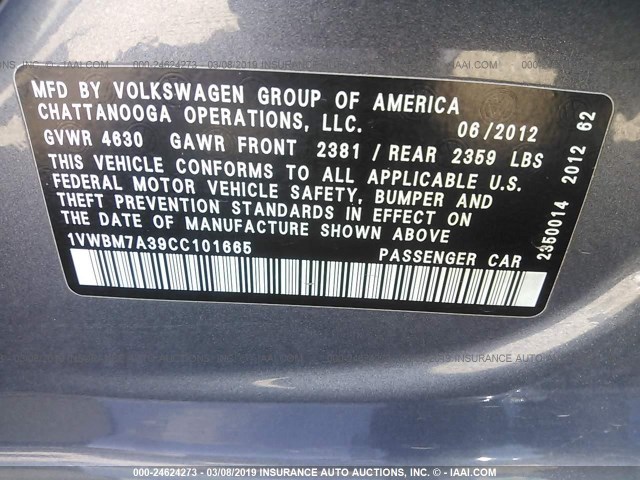 1VWBM7A39CC101665 - 2012 VOLKSWAGEN PASSAT SE GRAY photo 9