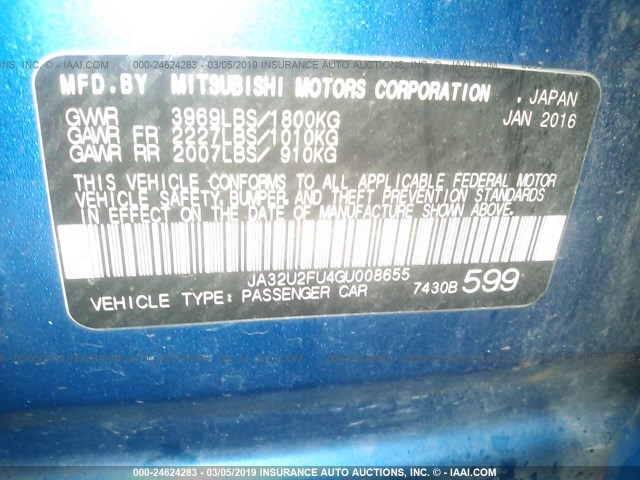 JA32U2FU4GU008655 - 2016 MITSUBISHI LANCER BLUE photo 9